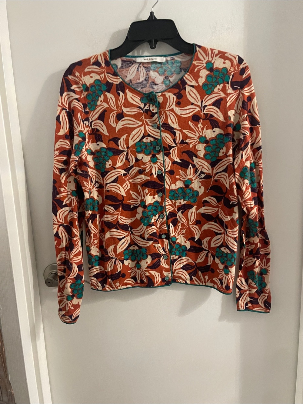 MALIPARMI SML Orange Blue Cotton Floral Abstract Button Up Cardigan L/S Sweater